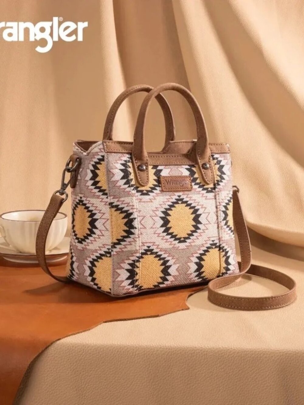 Wrangler Aztec Distressed Print Dual Sided Print Mini Tote/Crossbody -Beige